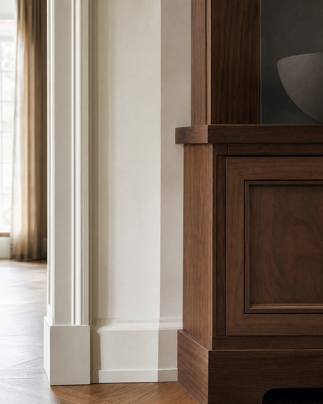 Close detail of refined interior mouldings and timber finish carpentry