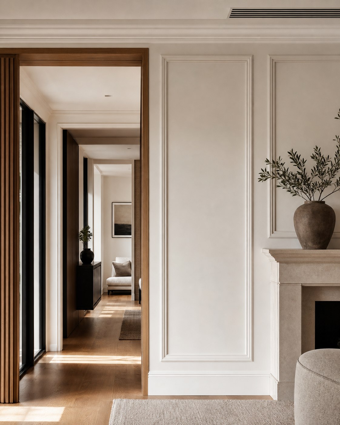 Refined interior with wall panelling, architraves and timber finish carpentry