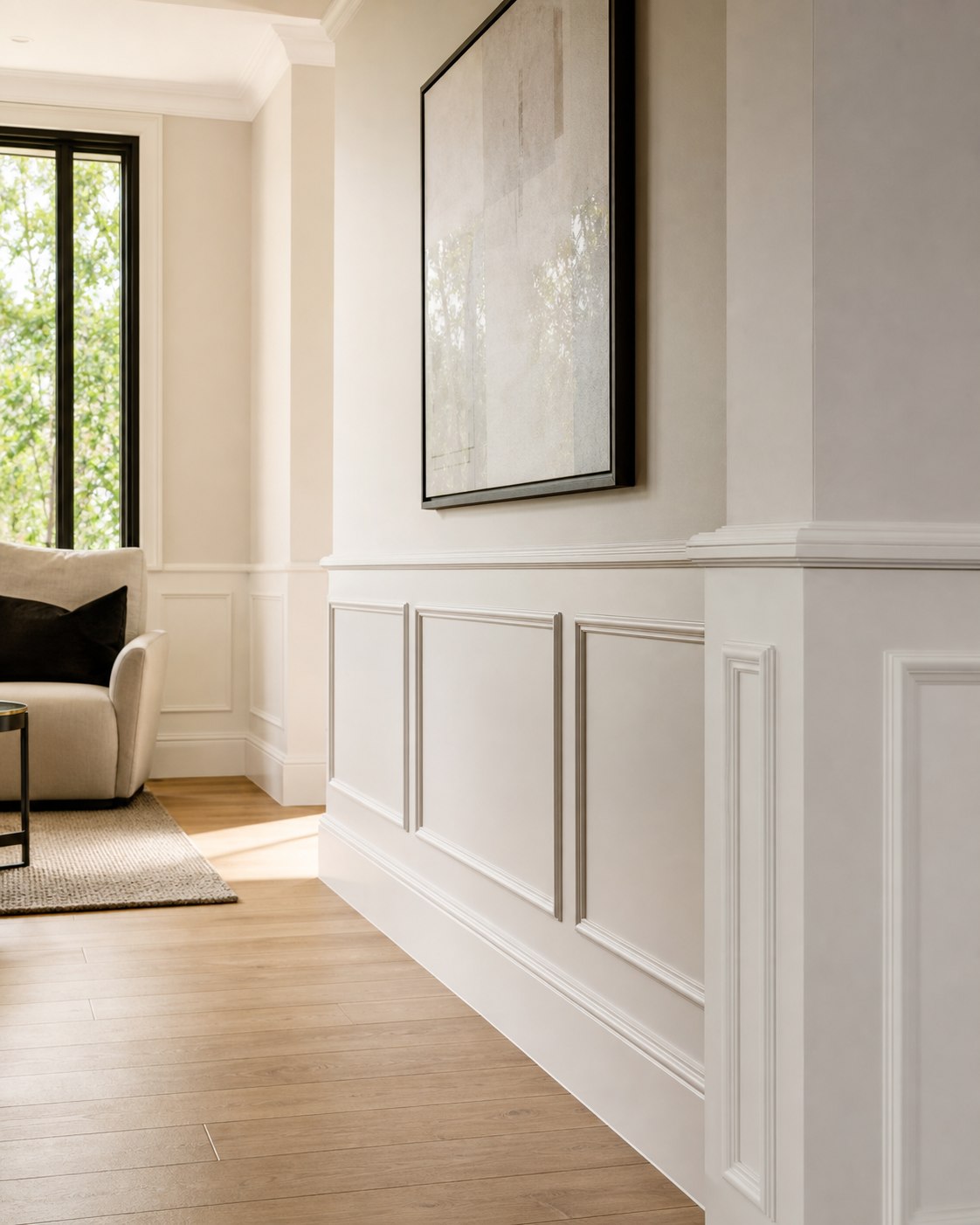 Wainscoting with crisp painted profiles